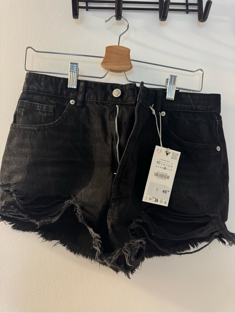 Zara Black Distressed High-Rise Denim Shorts